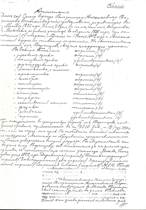 Название: Дом и семья Варенцовых - описание: Копия аттестата В. А. Варенцова. Из семейного архива Л. А. Варенцовой